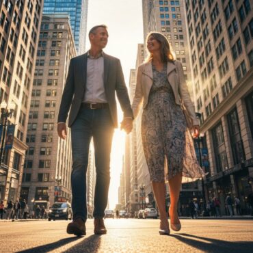 A man and woman happily walking in downtown Chicago