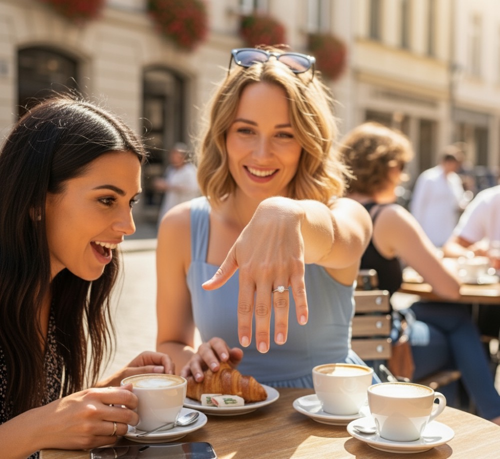A woman proudly shows her diamond engagement ring to her friend while they dine at an outdoor cafe