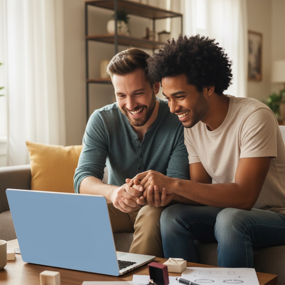 A gay couple reviews wedding band options on M. Martin & Co.'s website