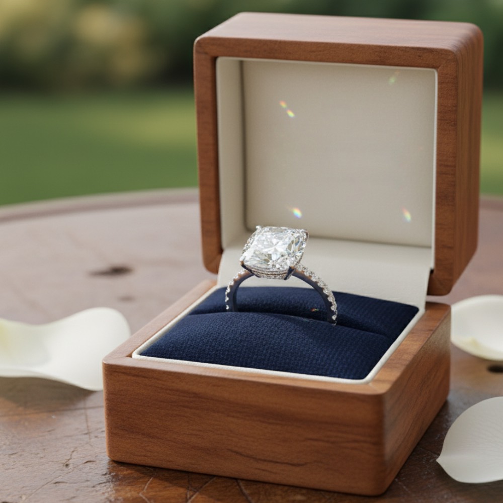 A lab grown diamond engagement ring in a beautiful ring box