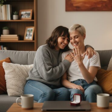 A young lesbian couple enjoying their wedding rings at home